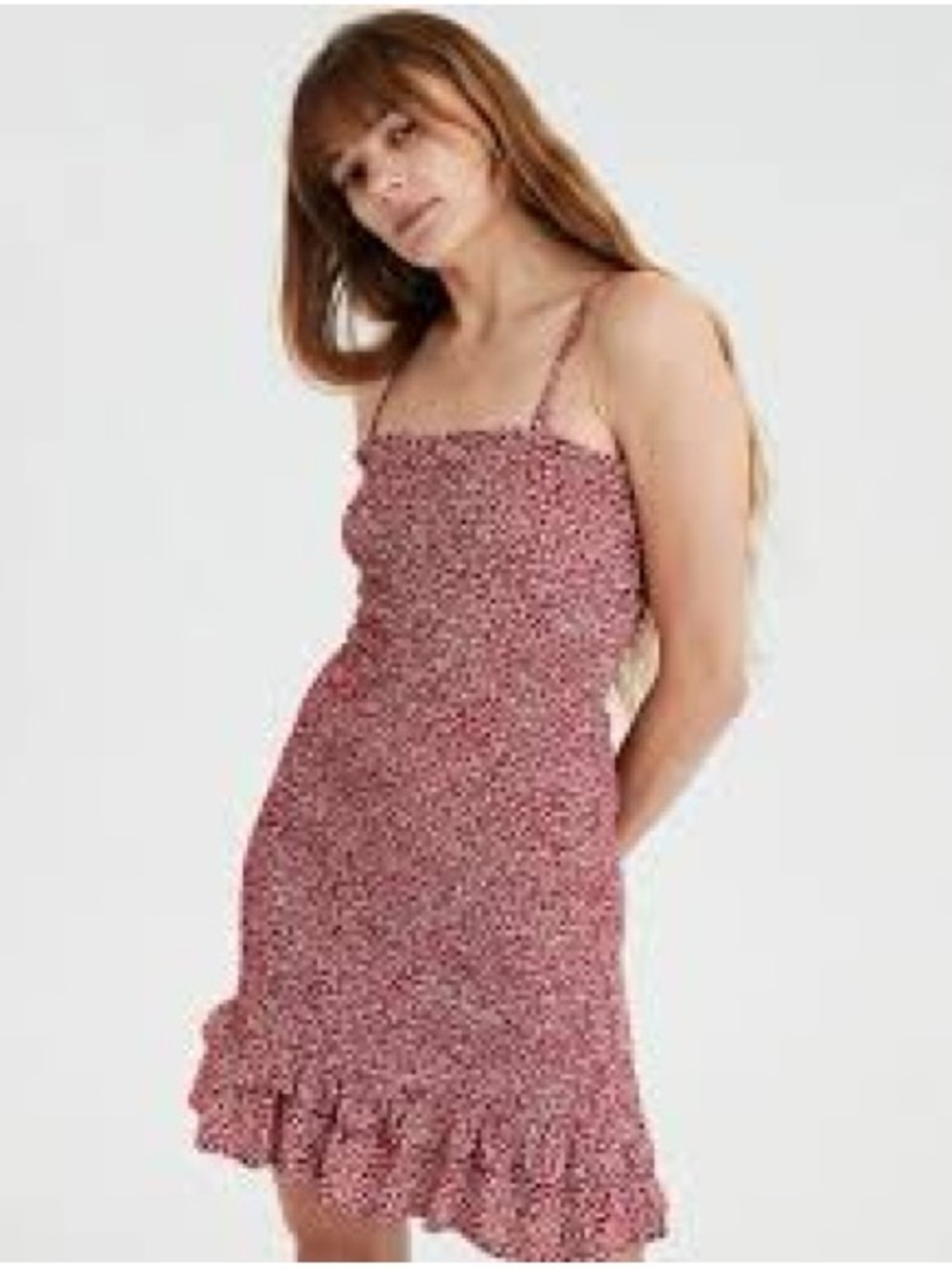American Eagle Outfitters Pink Floral Smocked Mini Dress with Ruffle Hem